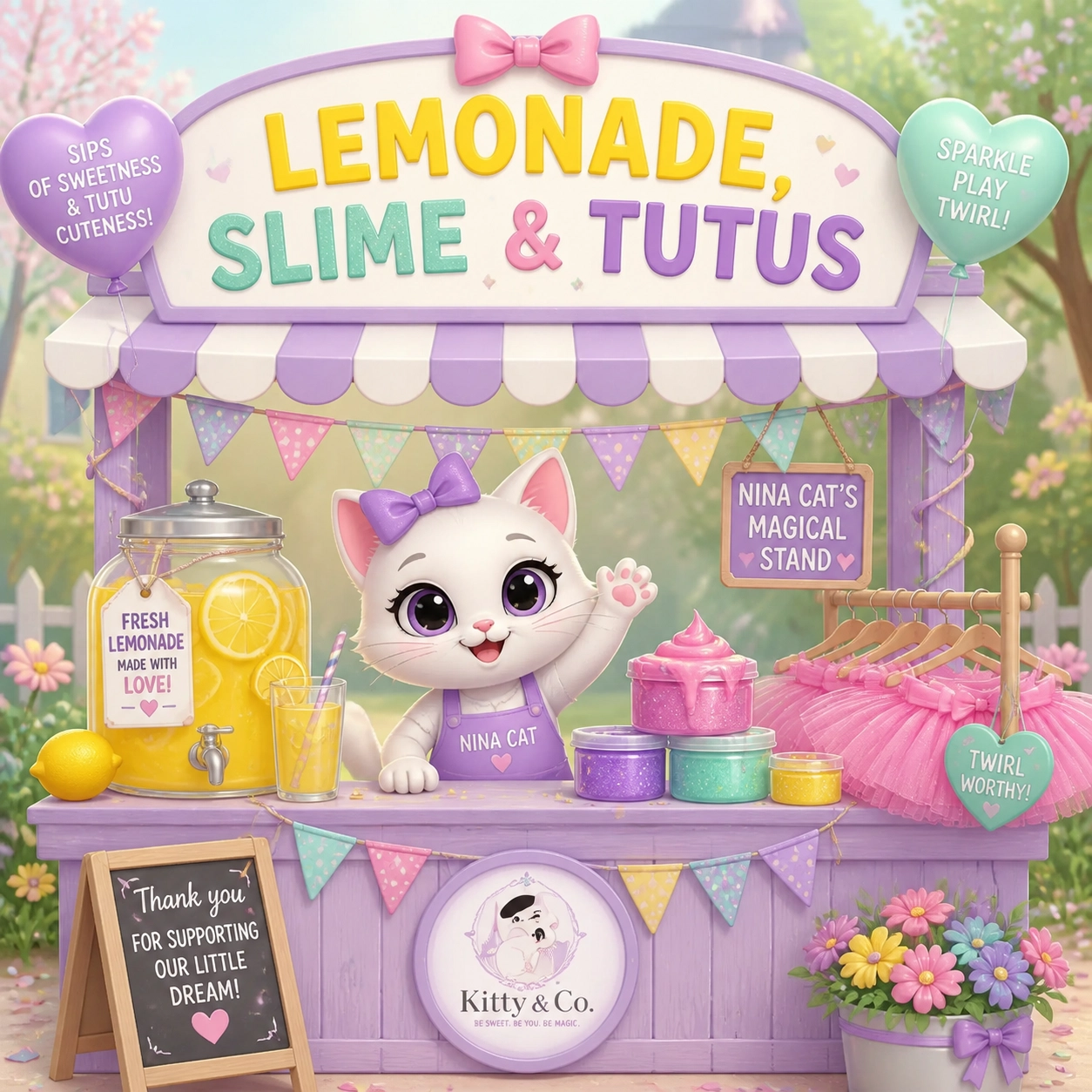 Lemonade, Slime & Tutus stand illustration with the Kitty & Co. cat