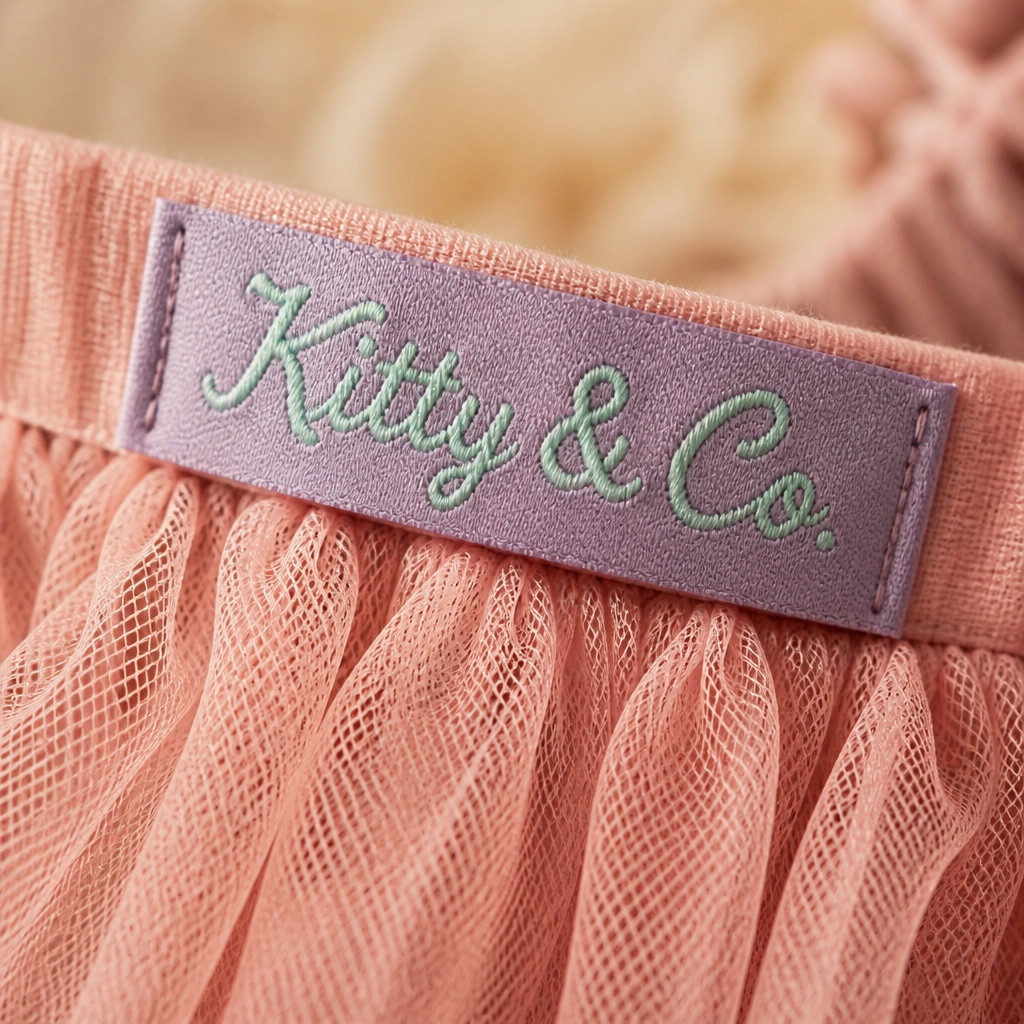 Kitty & Co. woven clothing labels in lavender and pink
