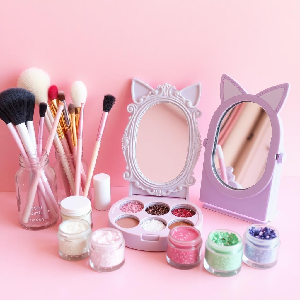 Glam station with pastel makeup and cat-ear mirrors