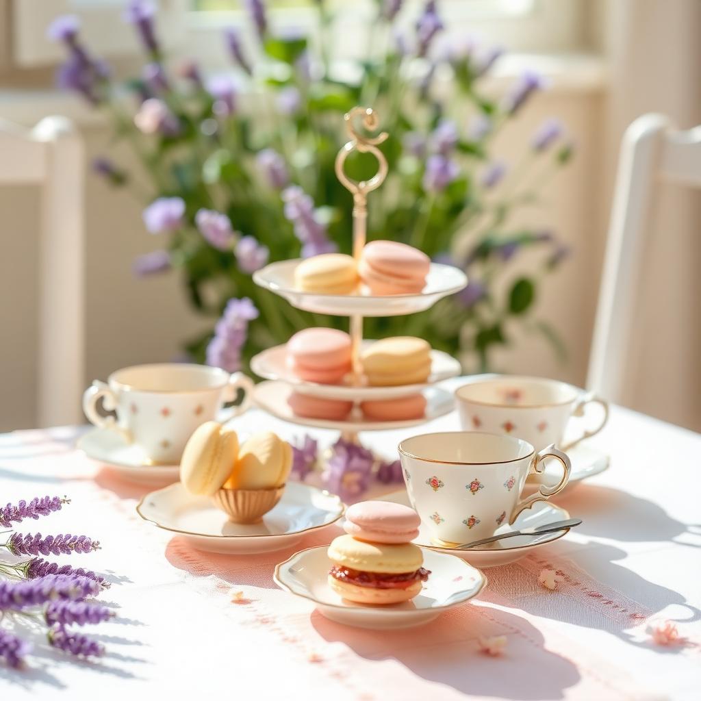 High tea table with macarons and lavender